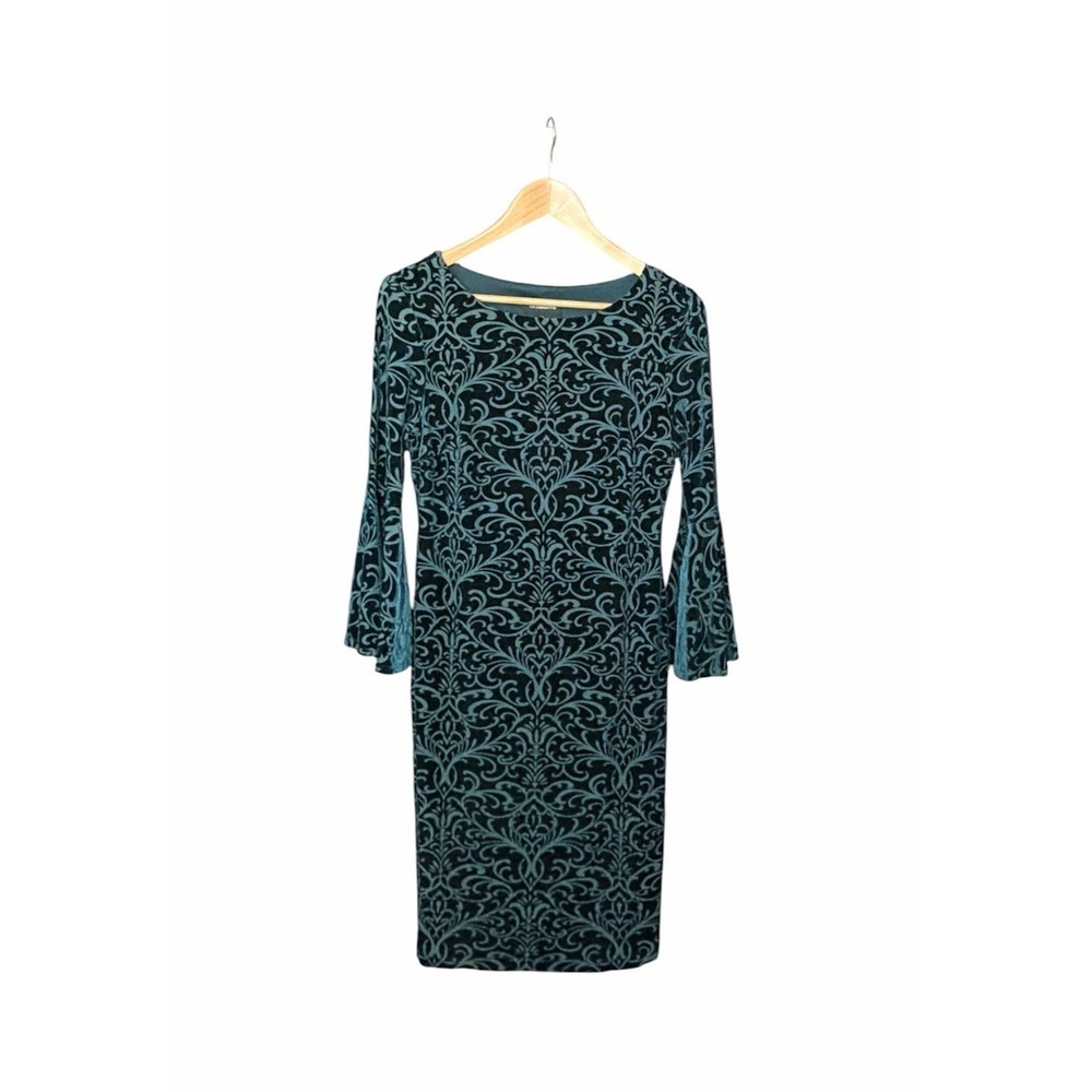 Liz Claiborne Green Velvet Dress Size 6 Damask Burnout Bell Sleeve Whimsigoth
